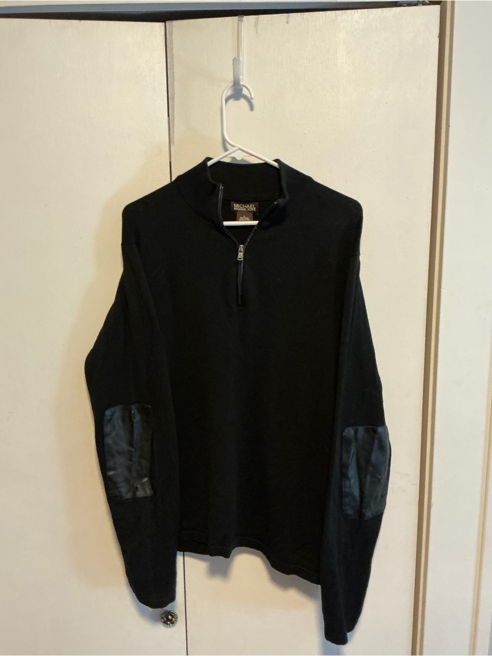 Michael Kors Black Half-Zip Sweater with Leather Elbow Patches